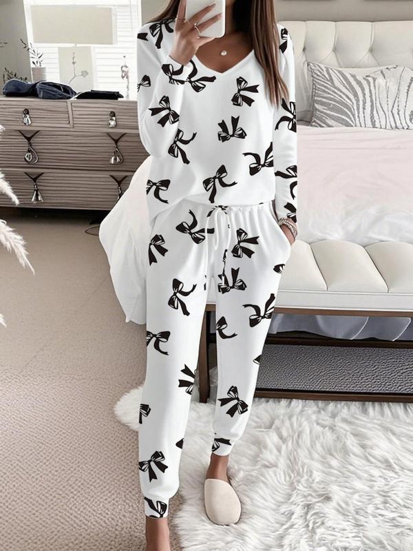 HALLIE™ - Bow Print V-Neck Long Sleeve Top & Tie Waist Pants Set