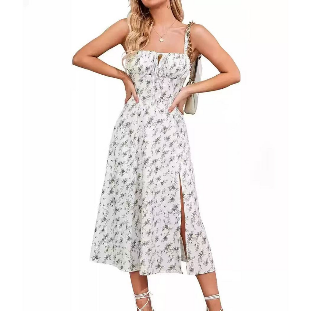 ARIELLOU™ – Elegant Lace-Up Square Neck Midi Dress