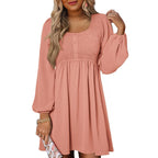 HARPER™ - Casual Smocked Empire Waist A-Line Dress with Button-Up Detail