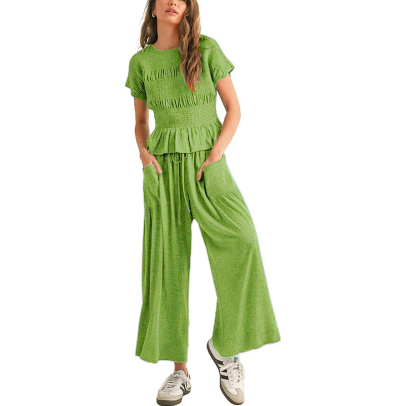 JODIE™ – Casual 2-Piece Smocked Top and Wide Leg Pants Set