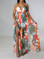 HANNAH™ - Floral Print Cami Dress with Chain Decor and Split Thigh for Beach Holidays