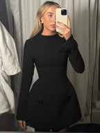 HAZEL™ - Chic A-Line Dress with Stand Collar and Long Sleeves