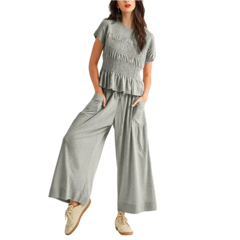 JODIE™ – Casual 2-Piece Smocked Top and Wide Leg Pants Set
