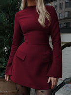 HAZEL™ - Chic A-Line Dress with Stand Collar and Long Sleeves