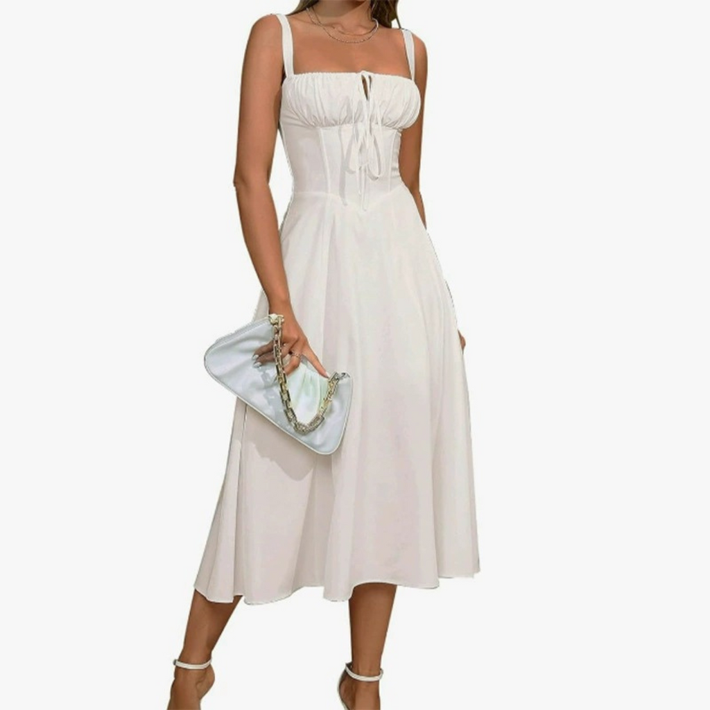 ARIELLOU™ – Elegant Lace-Up Square Neck Midi Dress