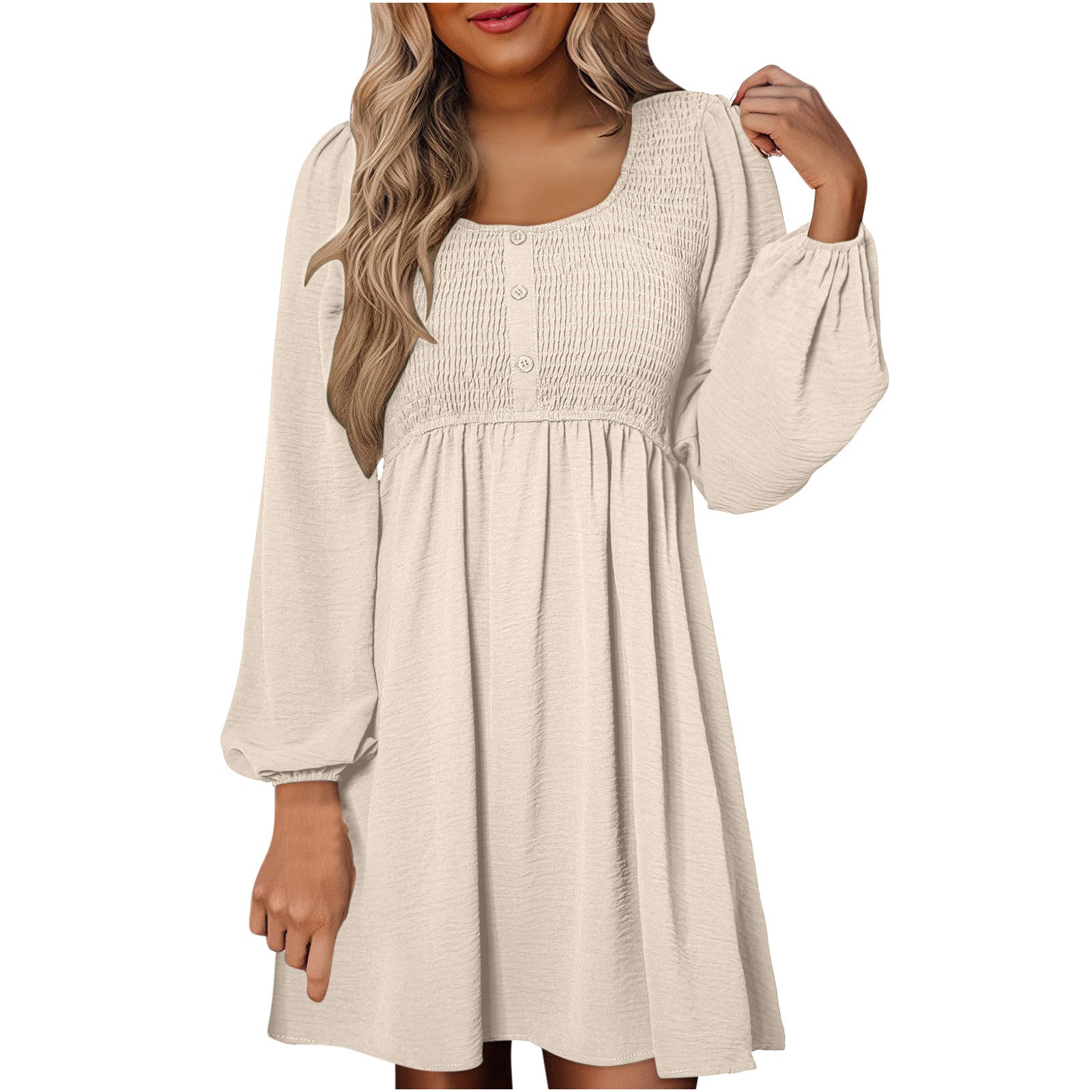 HARPER™ - Casual Smocked Empire Waist A-Line Dress with Button-Up Detail