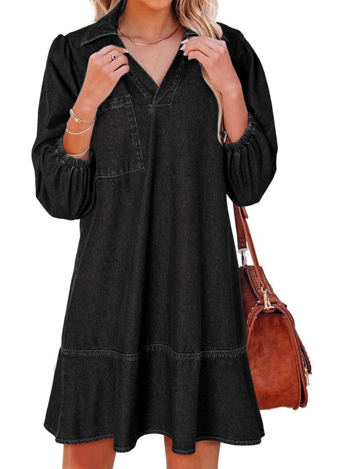 AMAIA™ – V Neck Puff Sleeve Babydoll Dress