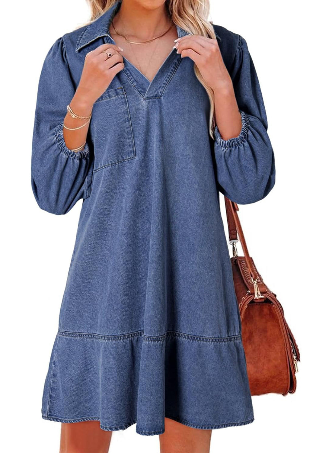 AMAIA™ – V Neck Puff Sleeve Babydoll Dress
