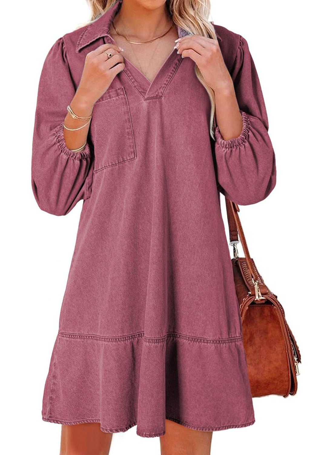 AMAIA™ – V Neck Puff Sleeve Babydoll Dress