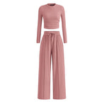 MIRELA™ - Ribbed Knit Long Sleeve Crop Top and Matching Pants Set
