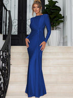 ANNA™ - Elegant Solid Color Ruched Padded Shoulder Bodycon Dress