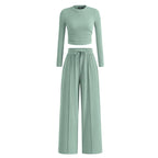 MIRELA™ - Ribbed Knit Long Sleeve Crop Top and Matching Pants Set
