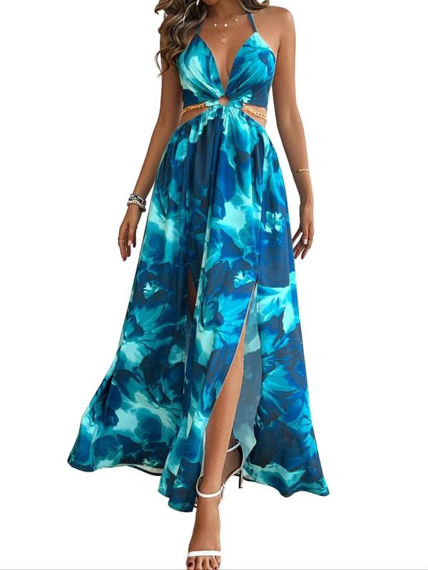 HANNAH™ - Floral Print Cami Dress with Chain Decor and Split Thigh for Beach Holidays