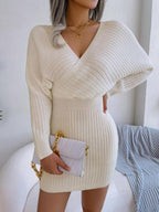 BLAKE™ - Wrapped V-Neck Sweater Dress with Slim-Fit Long Sleeves